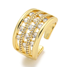 Rack Plating Three Row Brass Micro Pave Cubic Zirconia Open Cuff Ring, Wide Band Ring for Women, Long-Lasting Plated, Cadmium Free & Lead Free