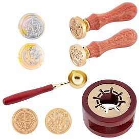 CRASPIRE DIY Scrapbook Making Kits, Including Wooden Sealing Wax Melting Furnace, Brass Wax Sticks Melting Spoon, Brass Wax Seal Stamp and Wood Handle Sets