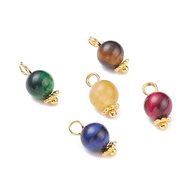 Dijes de cuentas de ojo de tigre natural, con cuentas espaciadoras de margaritas de aleación de estilo tibetano y pasadores de rótula de latón, dorado