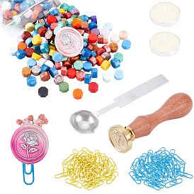 CRASPIRE DIY Scrapbook Making Kits, Including Brass Wax Seal Stamp and Wood Handle Sets, Sealing Wax Particles, Stainless Steel Wax Sticks Melting Spoon, Paper Clips and Candle