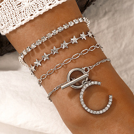 Sparkling 5-Star & C-Initial Bracelet Set with Full Rhinestone Clasp - Pack of 4