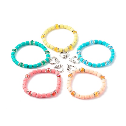 Handmade Polymer Clay Beads Stretch Bracelets, with Electroplate Glass Beads and Brass Rhinestone Spacer Beads, with 
Alloy Heart Pendants