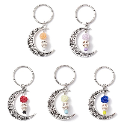 5pcs alliage & synthétique turquoise & porte-clés en résine, lune, fleur, crane