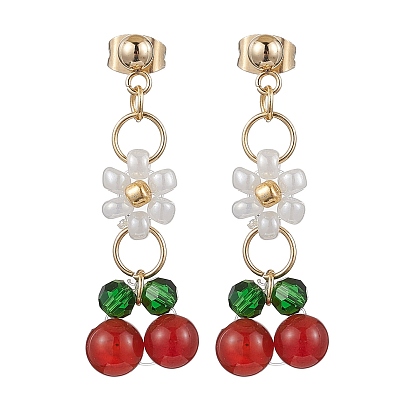 Серьги-подвески из стекла с вишнями и цветами, с 304 фурнитурой для сережек-гвоздиков из нержавеющей стали и стеклянными бусинами, золотые