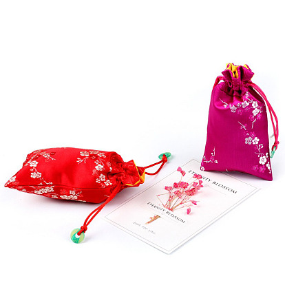 Chinese Style Silk Drawstring Jewelry Gift Bags, Jewelry Storage Pouches for Cell Phone, Rectangle with Plum Bossom Flower Pattern