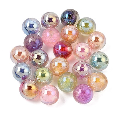 Plating Transparent Resin Beads, Round with Flower, with Glitter Powder