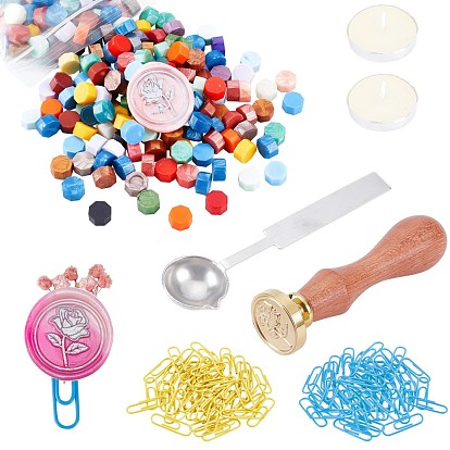DIY Scrapbook Making Kits, Including Brass Wax Seal Stamp and Wood Handle Sets, Sealing Wax Particles, Stainless Steel Wax Sticks Melting Spoon, Paper Clips and Candle