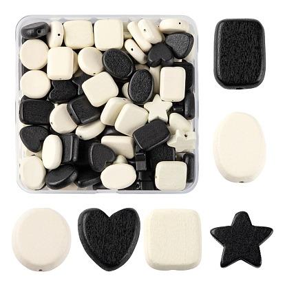 120Pcs 12 Style Painted Natural Wood Beads, Oval & Rectangle & Star & Flat Round & Heart & Square
