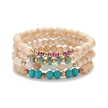 4Pcs 4 Style Natural & Synthetic Mixed Stone Stretch Bracelet Sets with Wood Beads for Women