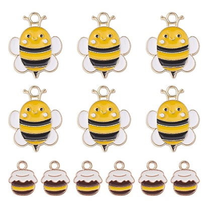 12Pcs 2 Styles Alloy Enamel Pendants, Bee & Honey Jar: Charm, Golden