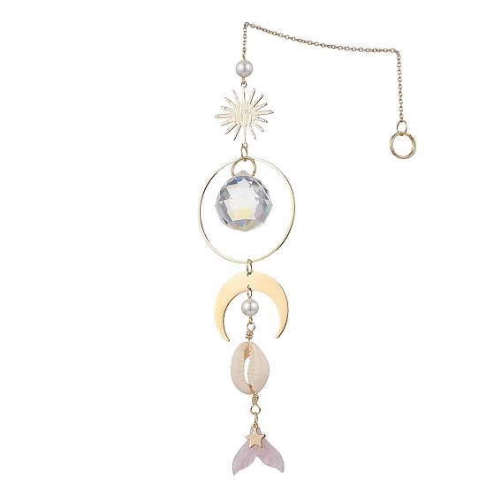 Подвесные украшения из стекла в форме рыбьего хвоста, натуральные ракушки каури и латунные ловцы солнца и луны для украшения сада на открытом воздухе