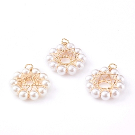 Pendentifs en plastique, avec des perles d'imitation en plastique ABS et du fil de cuivre écologique, fleur