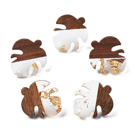 Transparent Resin & Walnut Wood Stud Earring Findings with Gold Foil, with 304 Stainless Steel Pin and Hole, Two Tone, Leaf