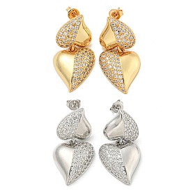 Heart Brass Pave Clear Cubic Zirconia Stud Earrings