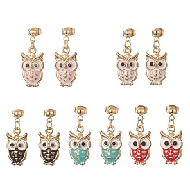 5 Pair 5 Color Alloy Enamel Owl Dangle Stud Earrings, Golden 304 Stainless Steel Jewelry for Women