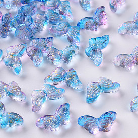 Perles de verre peintes par pulvérisation transparentes deux tons, avec de la poudre de paillettes, papillon