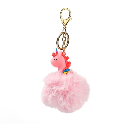 Cute Unicorn PVC & Imitate Rex Rabbit Fur Ball Keychain, with Alloy Clasp, for Bag Car Key Decoration