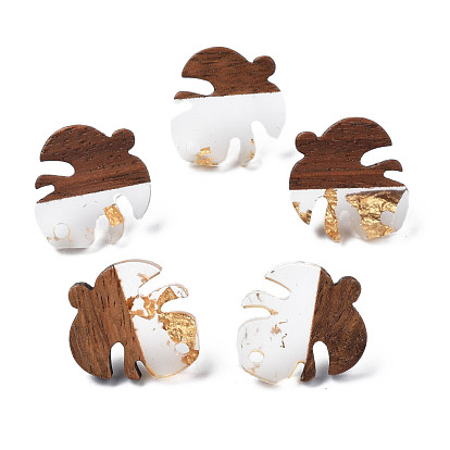 Transparent Resin & Walnut Wood Stud Earring Findings with Gold Foil, with 304 Stainless Steel Pin and Hole, Two Tone, Leaf