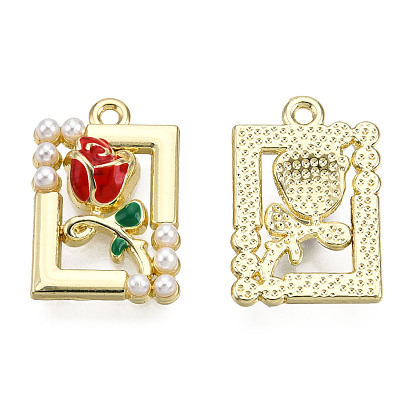 Rack Plating Alloy Enamel Pendants, with ABS Imitation Pearls Beads, Cadmium Free & Lead Free, Rectangle with Rose