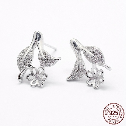 925 boucles d'oreilles en argent sterling avec zircons cubiques, avec cachet s, fleurs et feuilles