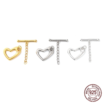 925 Sterling Silver Toggle Clasps with Chain, Long-Lasting Plated, Heart with 925 Stamp