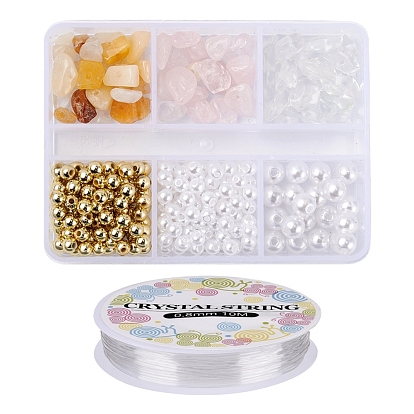 DIY Natural Stone Chip Beads Bracelet Making Kit, with Round & Imitation Pearl ABS Plastic Beads,  Elastic Thread