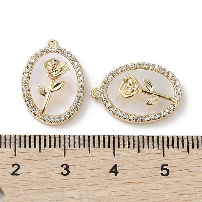 Brass Micro Pave Clear Cubic Zirconia with Shell Pendants, Oval with Flower