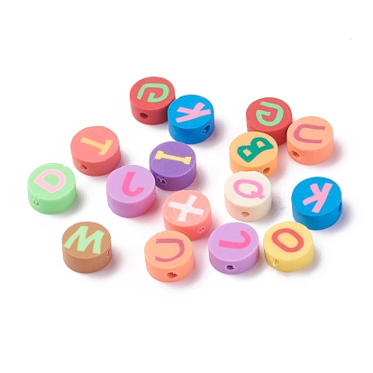 Handmade Polymer Clay Beads, Flat Round with Random Mixed Letters