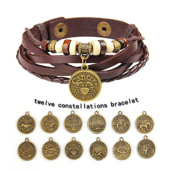 12 bracelets de constellation, cordon en cuir avec les accessoires en laiton, plat rond
