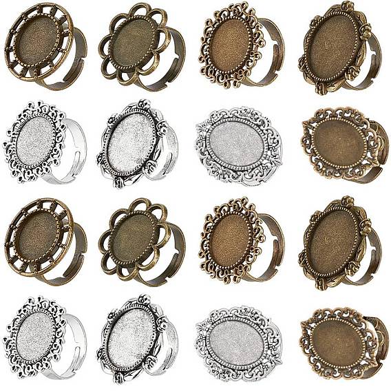 16шт 8 стиль регулируемые сплавные кольца для пальцев компоненты, настройки кольца чашки безеля, цветок и плоский круг