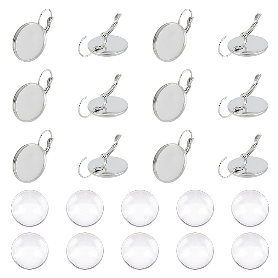 20 шт. 304 серьги с рычагом из нержавеющей стали, с плоской круглой оправой, с 20 прозрачными стеклянными кабошонами