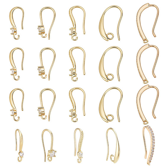 20шт. 5 стили латунные кубические циркониевые серьги крючки, с горизонтальной петлей, 20 гайки ушные пластиковые