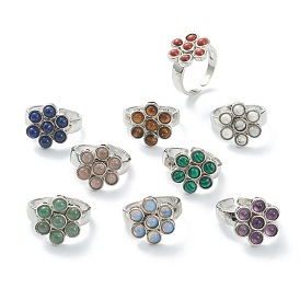 Adjustable Natural & Synthetic Gemstone Finger Rings, with Platinum Plated Brass Findings, Flower