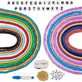 Flat Round Eco-Friendly Handmade Polymer Clay Beads, Stainless Steel Collapsible Big Eye Beading Needles, Elastic Crystal Thread, Alphabet Acrylic Beads, Brass Spacer Beads, Sewing Scissors