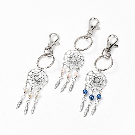 PandaHall Elite Woven Net/Web with Feather Alloy Keychain, with Glass Pearl and Alloy Swivel Clasps