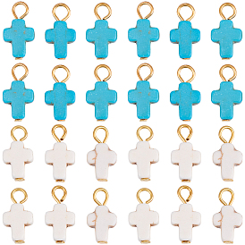 Dyed Synthetic Turquoise Pendants, Cross Charms, with Iron Loops, Golden