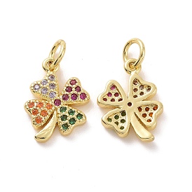 Brass Micro Pave Colorful Cubic Zirconia Charms, with Jump Ring, Four Leaf Clover