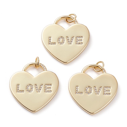 Латунные микропаве прозрачные подвески с фианитом, с прыжковых колец, на день Святого Валентина, сердце со словом "love"