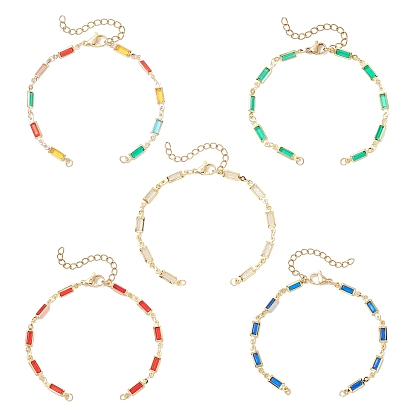 Изготовление браслета из латунной стеклянной прямоугольной цепочки, с открытыми пружинными кольцами из нержавеющей стали 304, застежки-лобстеры и удлинители цепочек, разноцветные