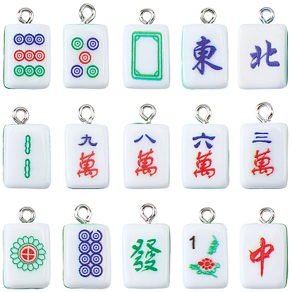 30 pcs 15 styles pendentifs en résine, à trouver fer, tuiles imitation mahjong, verte, rectangle