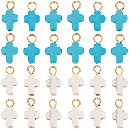 Dyed Synthetic Turquoise Pendants, Cross Charms, with Iron Loops, Golden
