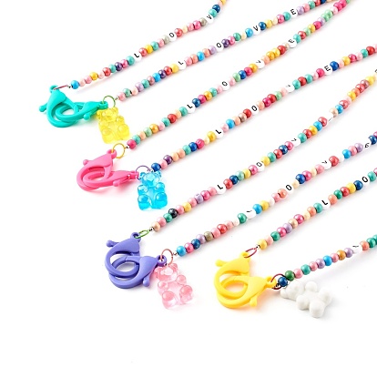 Bear Transparent Resin Pendant Necklaces, Handbag Chains, with Round Natural Dyed Wood & Brass & Acrylic Beads, with Word Love