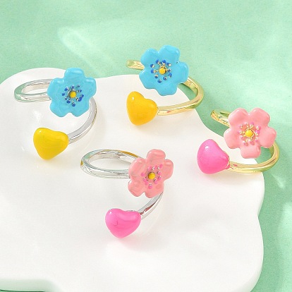 Anillos abiertos de latón para mujer, flor, con esmalte, sin plomo y cadmio, chapado en rack, larga duración plateado, real 18k chapado en oro/platino
