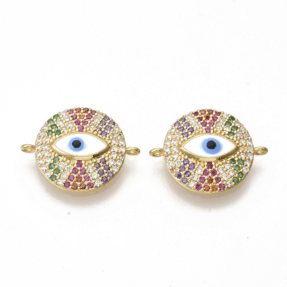 Brass Micro Pave Cubic Zirconia Links/Connectors, with Enamel, Flat Round with Evil Eye