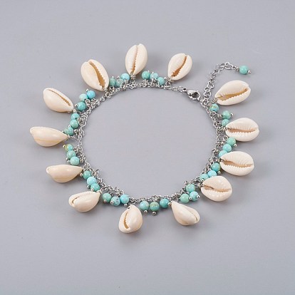 Cowrie Shell Anklets, with Synthetic Turquoise Beads and 304 Stainless Steel Findings