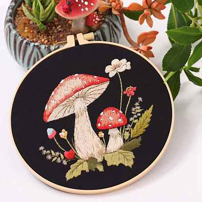 Mushroom Pattern Embroidery Starter Kits, including Embroidery Fabric & Thread, Needle, Embroidery Hoop, Instruction Sheet