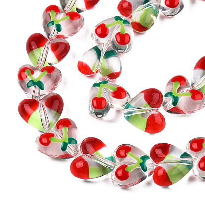 Transparent Acrylic Beads Strands, with Enamel, Heart with Cherry
