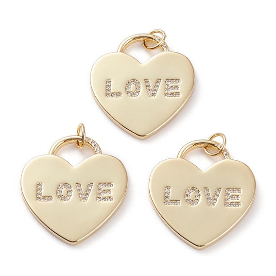 Латунные микропаве прозрачные подвески с фианитом, с прыжковых колец, на день Святого Валентина, сердце со словом "love"