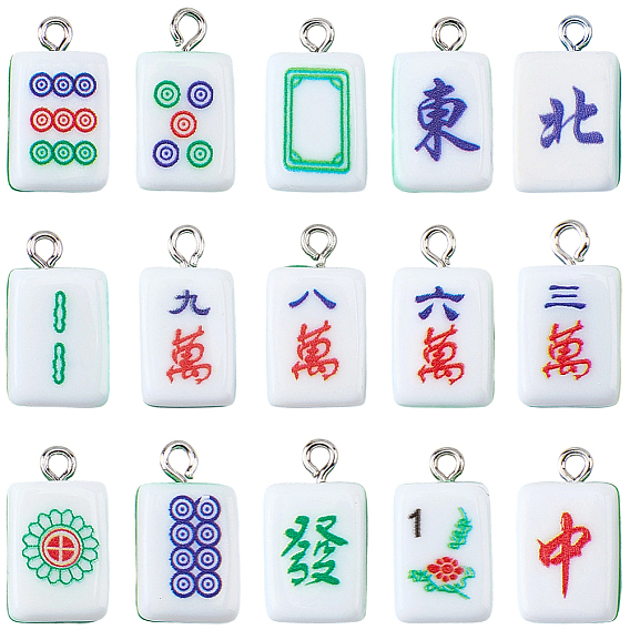 30Pcs 15 Styles Resin Pendants, with Iron Finding, Imitation Mahjong Tiles, Green, Rectangle