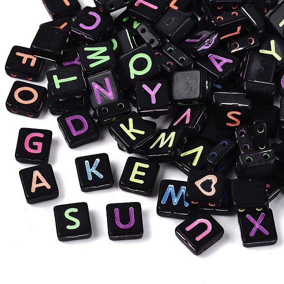 Opaque Acrylic Enamel Beads, 2-Hole Beads, Square with Mixed Shapes Pattern